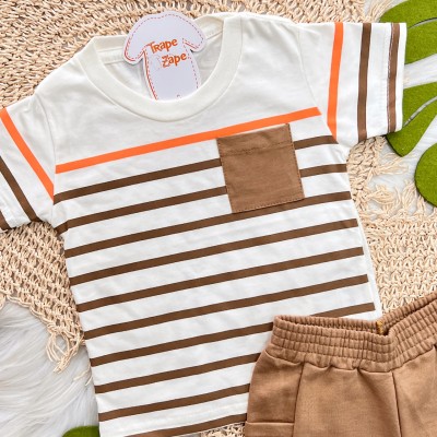 Conj. Camiseta Listrada com Bolso e Bermuda - Laranja e Ferrugem